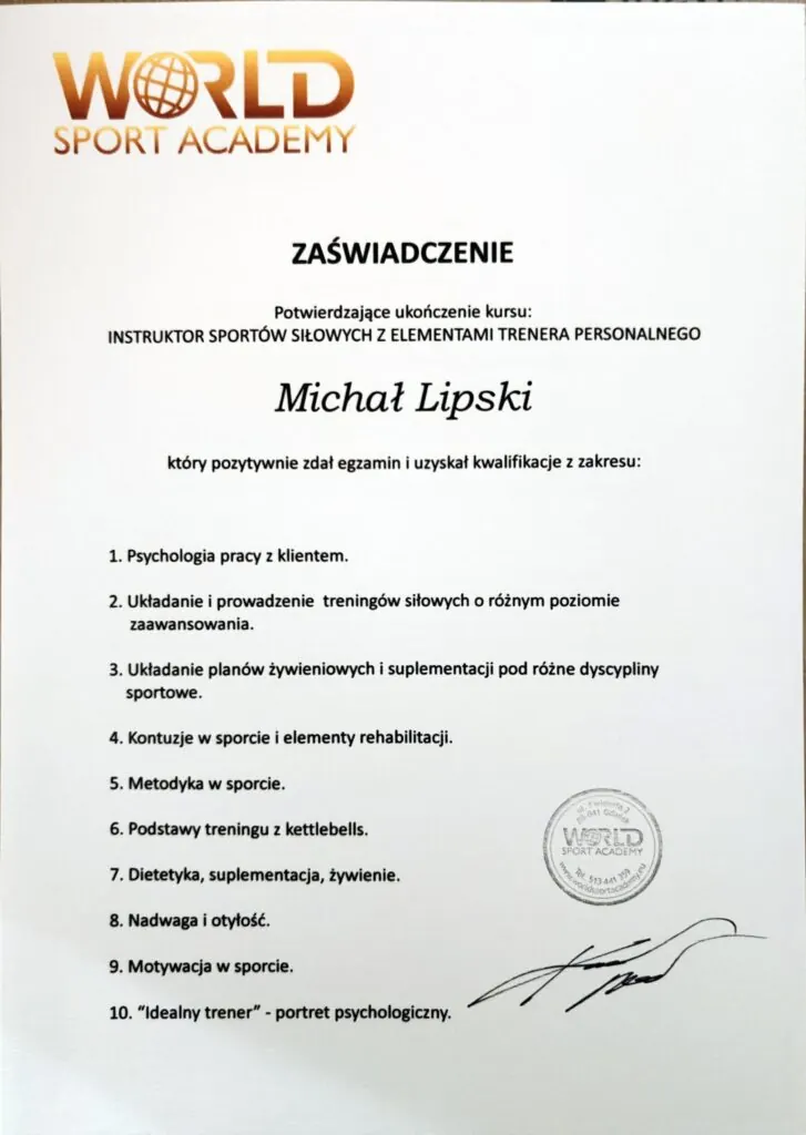 Certyfikat instruktora sportów siłowych